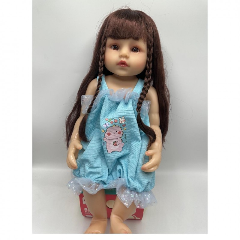عروسک نوزادی سیلیکونی با لباس آبی - جزئیات طبیعی بدن و موهای شانه‌پذیر