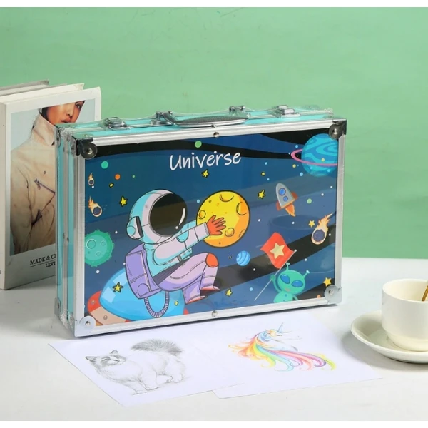 پک کامل جعبه نقاشی و رنگ‌آمیزی بزرگ چهارطبقه – فول پکیج هنری حرفه‌ای طرح فضانوردی و صورتی