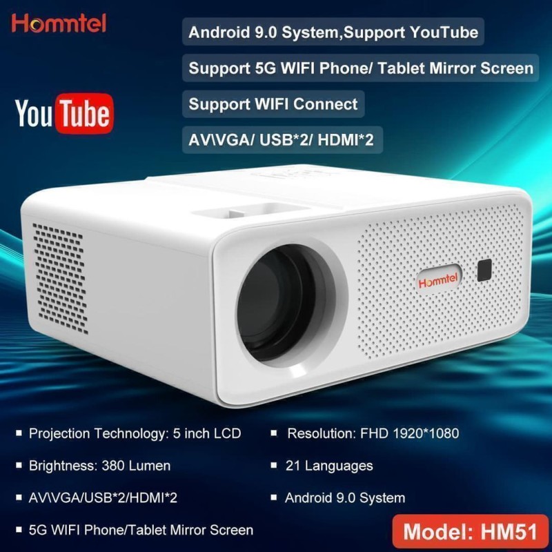 خرید ویدئو پروژکتور Hommtel مدل HM51 | رزولوشن FHD، سیستم عامل اندروید 9.0 و اتصال بی‌سیم