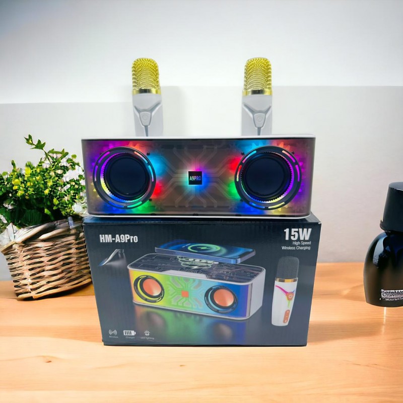 خرید اسپیکر بلوتوثی HM-A9Pro | مدل پرو با شارژ بی‌سیم 15 وات و دو میکروفون بی‌سیم عالی