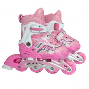 اسکیت قابل تنظیم آموزشی برند OUSHEN مدل مبتدی سایز 31-34 رنگ صورتی