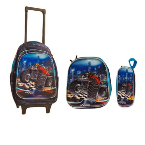 کیف کوله پشتی چرخ دار مدل ماشین به همراه کیف غذا و جامدادی