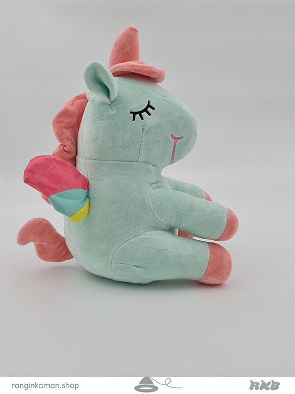 عروسک یونی کورن اسب تک شاخ نشسته چشم بسته