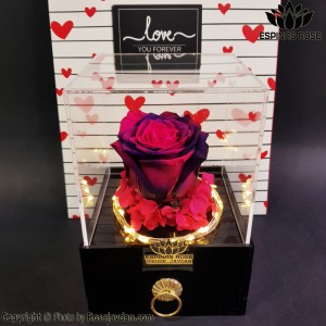 باکس گل کشویی گل رز جاودان صورتی سرمه ای با چراغ کد 417