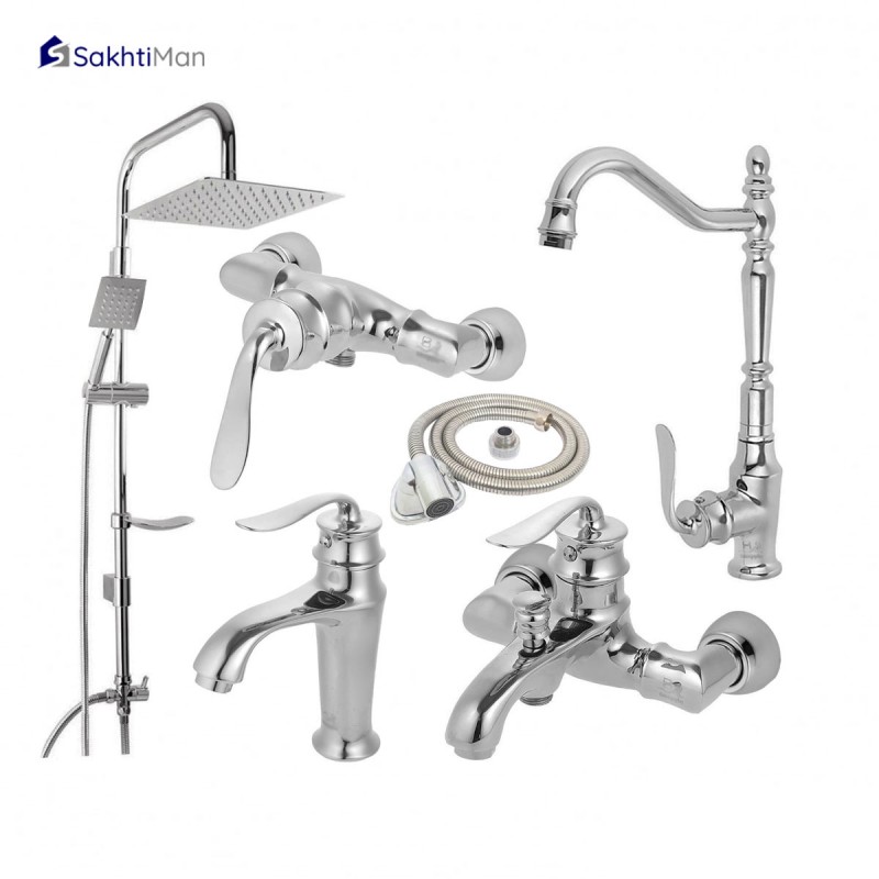 ست شیرالات مدل بامبو کروم مجموعه 6 عددی به همراه علم دوش دوکاره استیل و شلنگ