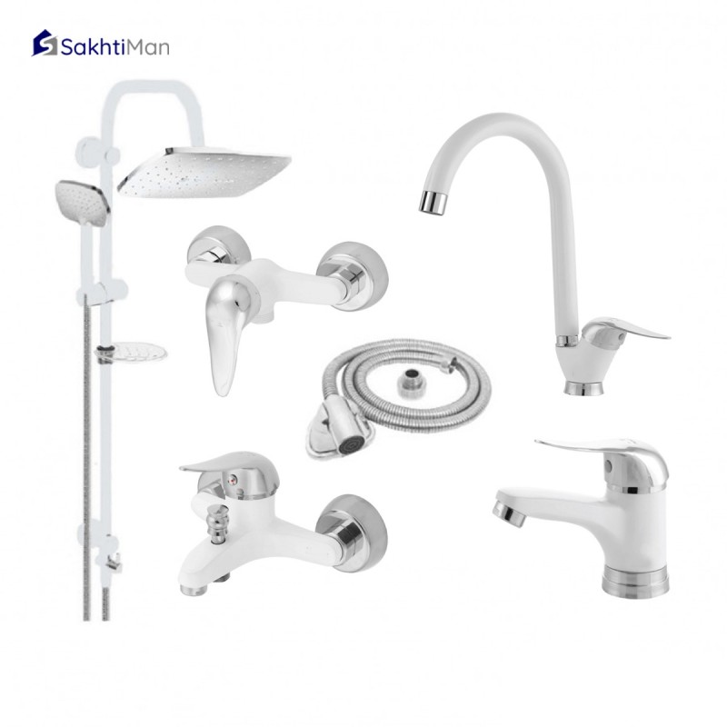 ست شیرآلات بهداشتی اقتصادی سفید کروم همراه با علم دوش دوکاره