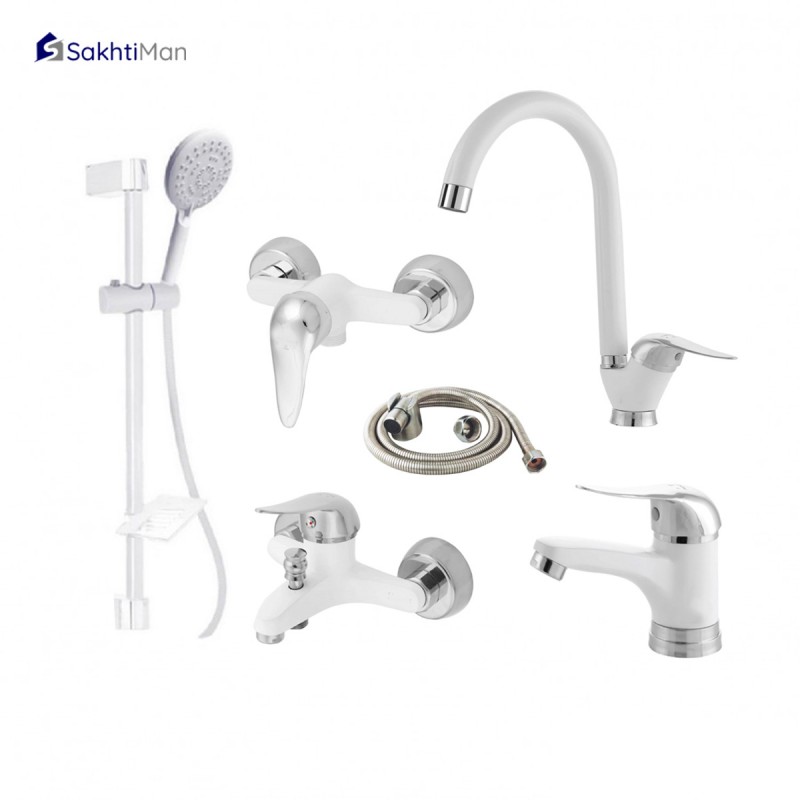 ست 6 عددی شیرآلات بهداشتی سفید کروم بهمراه علم دوش
