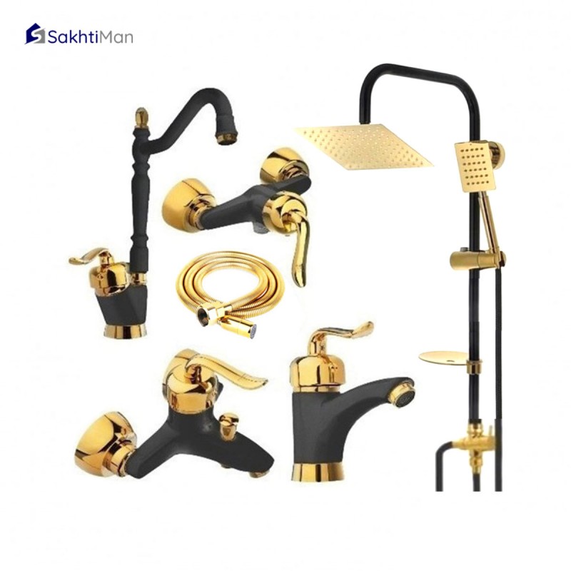 ست شش عددی شیرآلات مشکی طلایی مدل قاجاری به همراه علم دوش مشکی