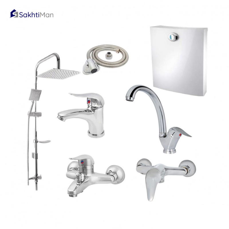 مجموعه 7 عددی شیرآلات بهداشتی مدل دسته اردکی بهمراه علم دوش دوکاره و فلاشتانک