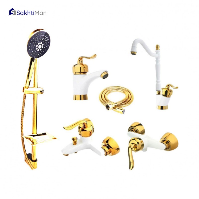 ست شش عددی شیرآلات مدل قاجاری سفید طلایی به همراه علم دوش و شلنگ توالت