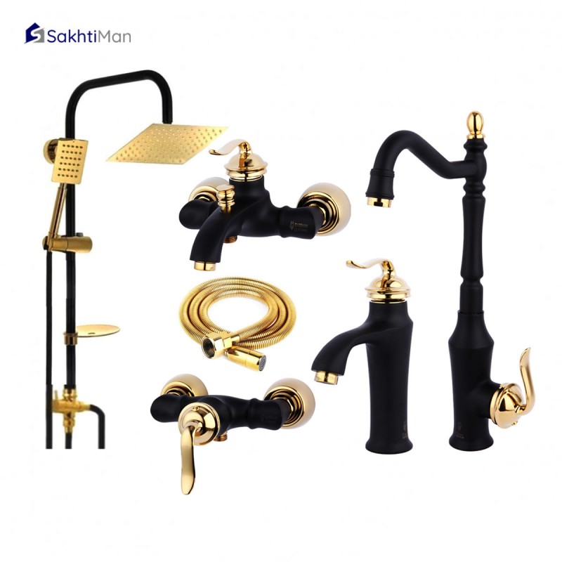ست 6 عددی شیرآلات مشکی طلایی مدل بامبو به همراه علم دوش دوکاره استیل و شلنگ