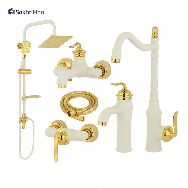 ست 6 عددی شیرآلات سفید طلایی مدل بامبو به همراه علم دوش دوکاره استیل و شلنگ