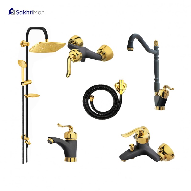 ست شش عددی شیرآلات مشکی طلایی مدل قاجاری به همراه علم دوش مشکی