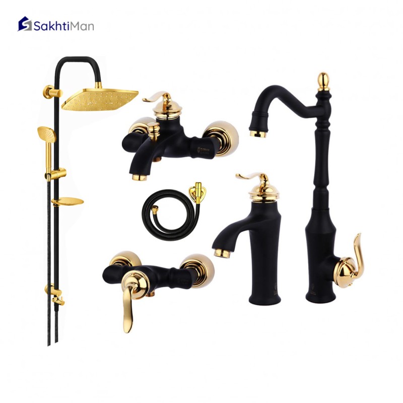 ست 6 عددی شیرآلات مشکی طلایی مدل بامبو به همراه علم دوش دوکاره استیل و شلنگ