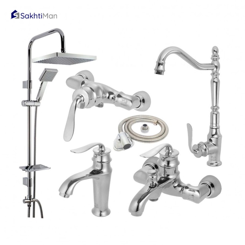 ست 6 عددی شیرآلات مدل بامبو به همراه علم دوش دوکاره استیل و شلنگ