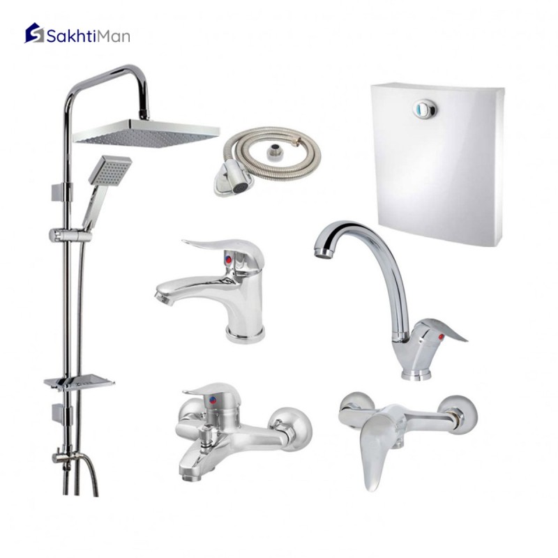 مجموعه 7 عددی شیرآلات بهداشتی مدل دسته اردکی بهمراه علم دوش دوکاره و فلاشتانک