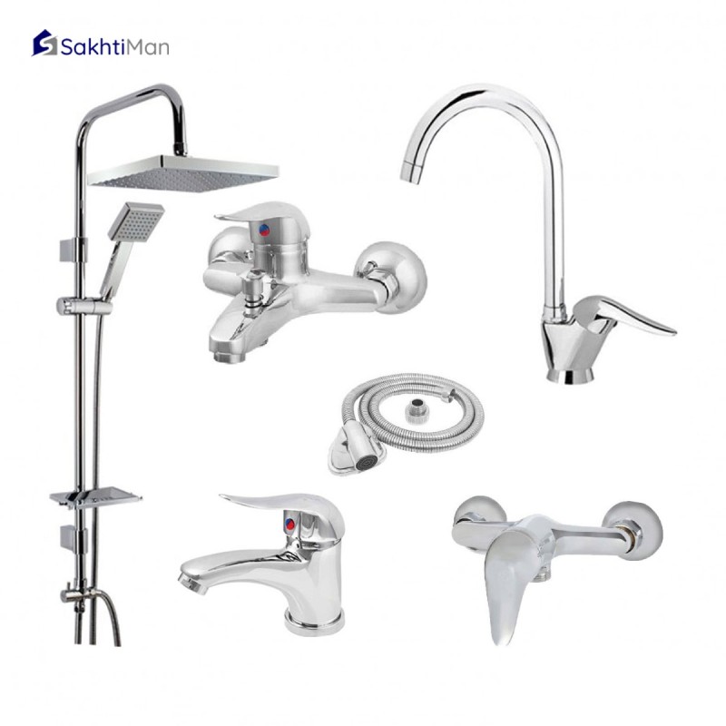 ست 6عددی شیرآلات مدل اکونومی پلاس با علم دوش دوکاره و شلنگ توالت