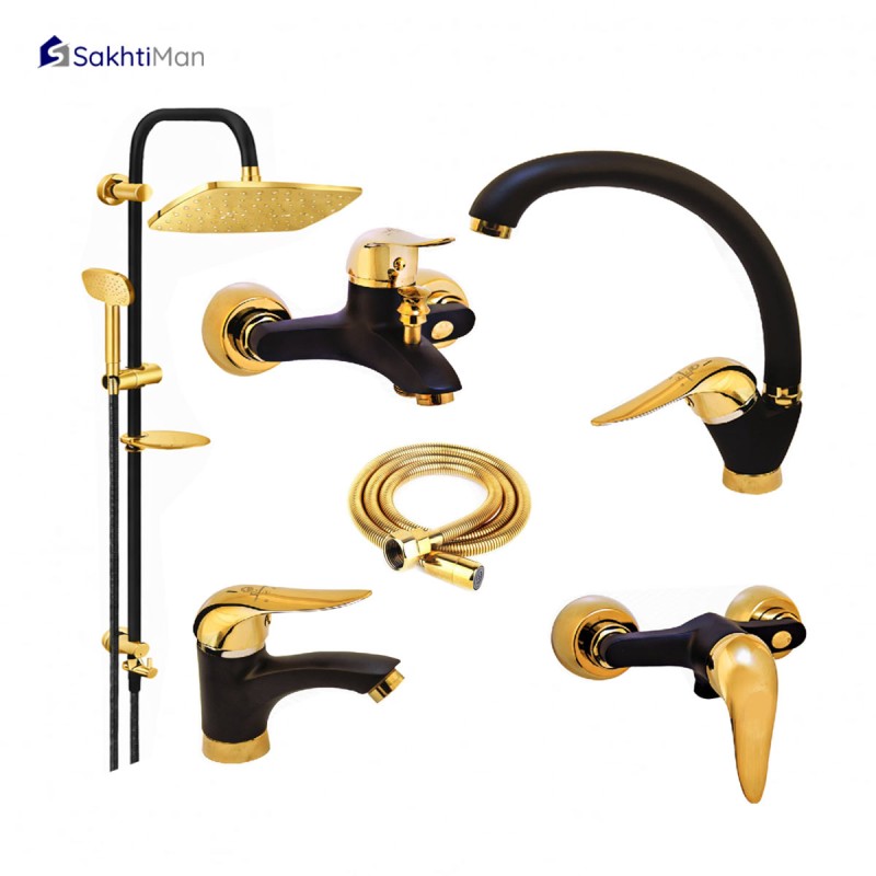 ست 6 عددی شیرآلات مشکی طلایی مدل اردکی به همراه علم دوش دوکاره و شلنگ