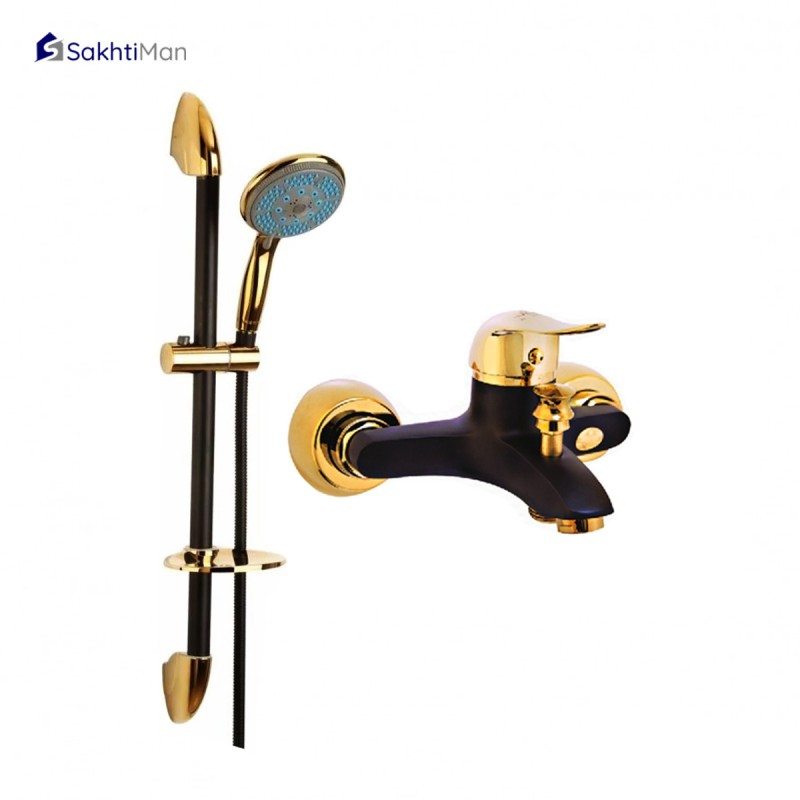 مجموعه 2 عددی شیر حمام مشکی طلایی مدل اردکی به همراه علم دوش