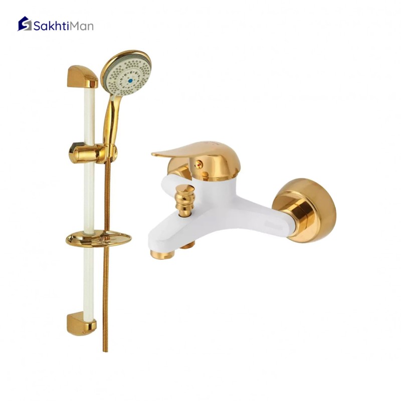 مجموعه 2 عددی شیر حمام سفید طلایی مدل اردکی به همراه علم دوش