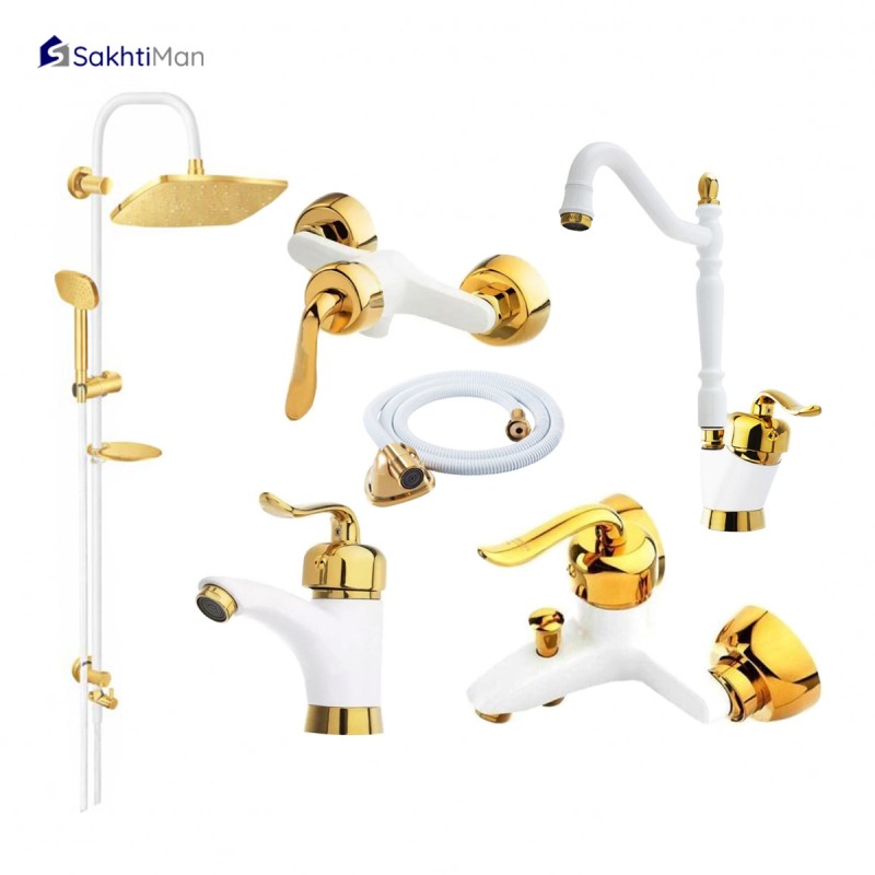 ست شش عددی شیرآلات سفید طلایی مدل قاجاری با علم دوش دوکاره