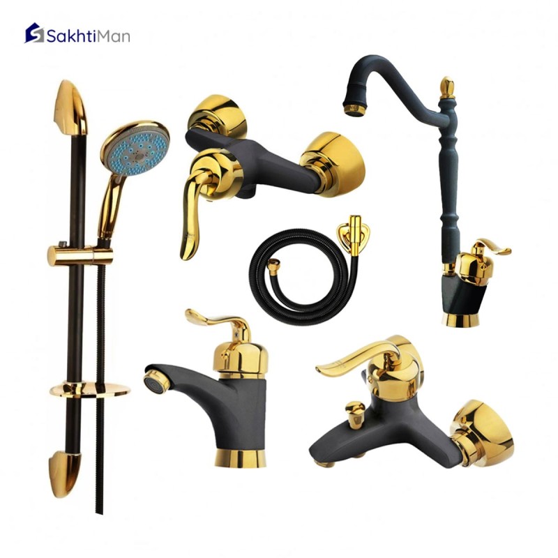 ست شش عددی شیرآلات مدل قاجاری مشکی طلایی به همراه علم دوش و شلنگ توالت