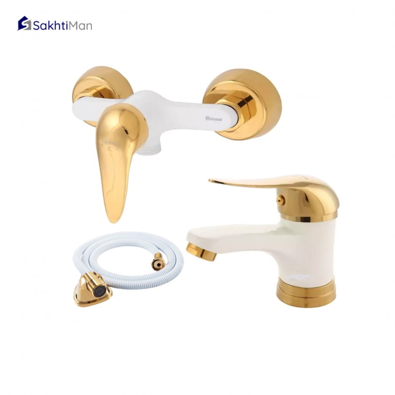 مجموعه 3 عددی شیر توالت و روشویی سفید طلایی مدل اردکی به همراه شلنگ