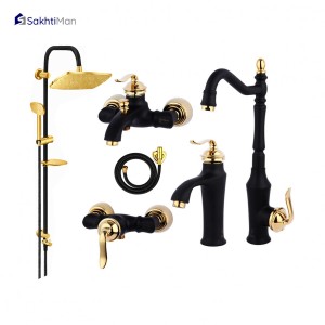 ست 6 عددی شیرآلات مشکی طلایی مدل بامبو به همراه علم دوش دوکاره استیل و شلنگ