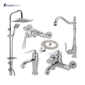 ست 6 عددی شیرآلات مدل بامبو به همراه علم دوش دوکاره استیل و شلنگ