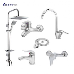 ست 6عددی شیرآلات مدل اکونومی پلاس با علم دوش دوکاره و شلنگ توالت