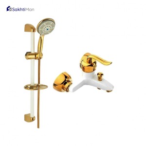 مجموعه 2 عددی شیر حمام سفید طلایی مدل قاجاری به همراه علم دوش