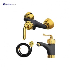 مجموعه 3 عددی شیر توالت و روشویی مشکی طلایی مدل قاجاری به همراه شلنگ