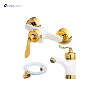 مجموعه 3 عددی شیر توالت و روشویی سفید طلایی مدل قاجاری به همراه شلنگ