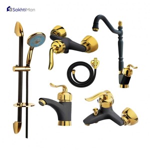ست شش عددی شیرآلات مشکی طلایی مدل قاجاری به همراه علم دوش و شلنگ توالت