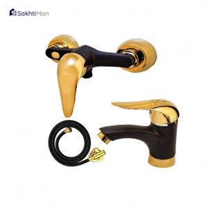 مجموعه 3 عددی شیر توالت و روشویی مشکی طلایی مدل اردکی به همراه شلنگ