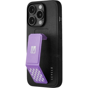 قاب چرمی مشکی بنفش آیفون ۱۴ پرومکس  Levelo همراه با دستگیره