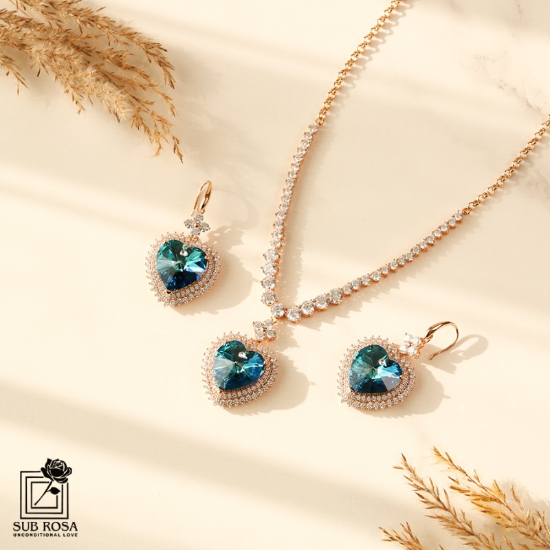 نیم ست سواروسکی ویژه طرح قلب آبی 13058