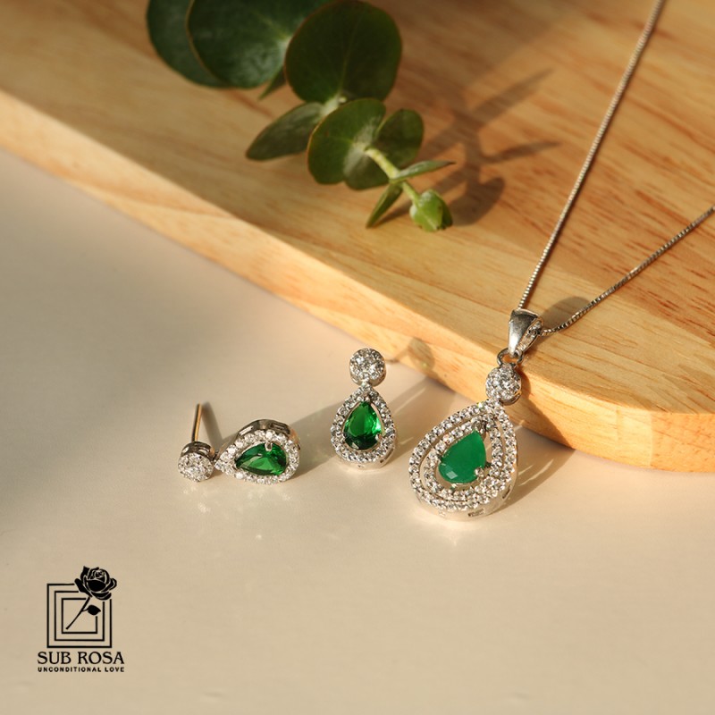 نیم ست نقره نگین سبز 14920