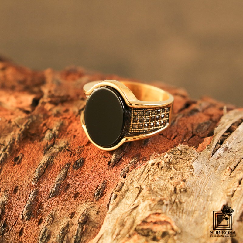 انگشتر استیل نگین مشکی بیضی رکاب نگین دار سایز 10-14825