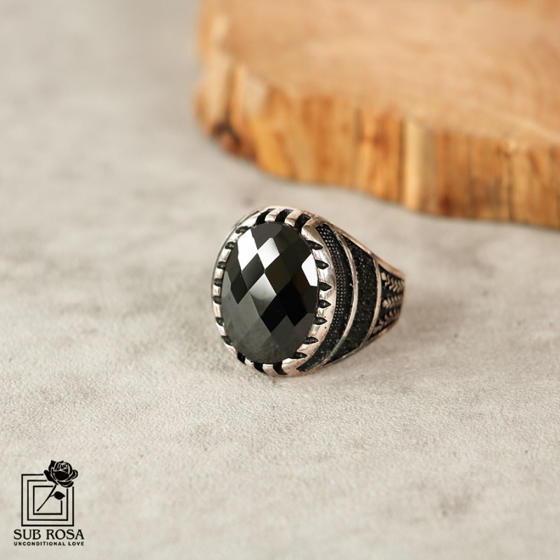 انگشتر نقره 925 مردانه نگین مشکی  FREE SIZE-14378