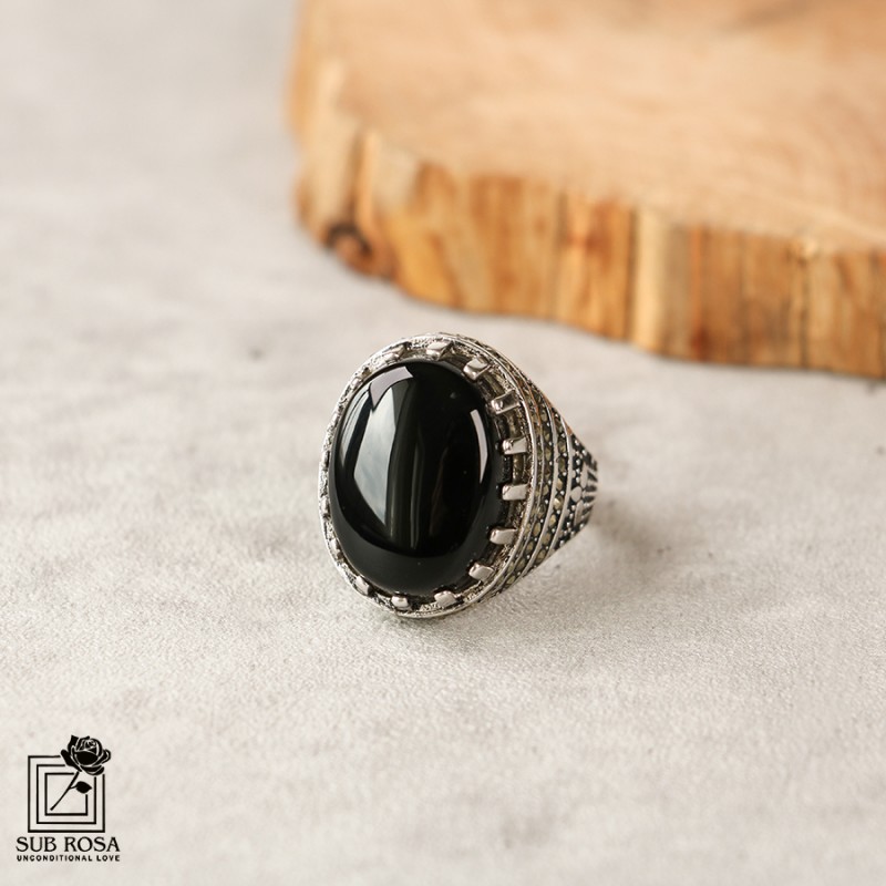 انگشتر نقره 925 مردانه نگین بیضی مشکی FREE SIZE-14381