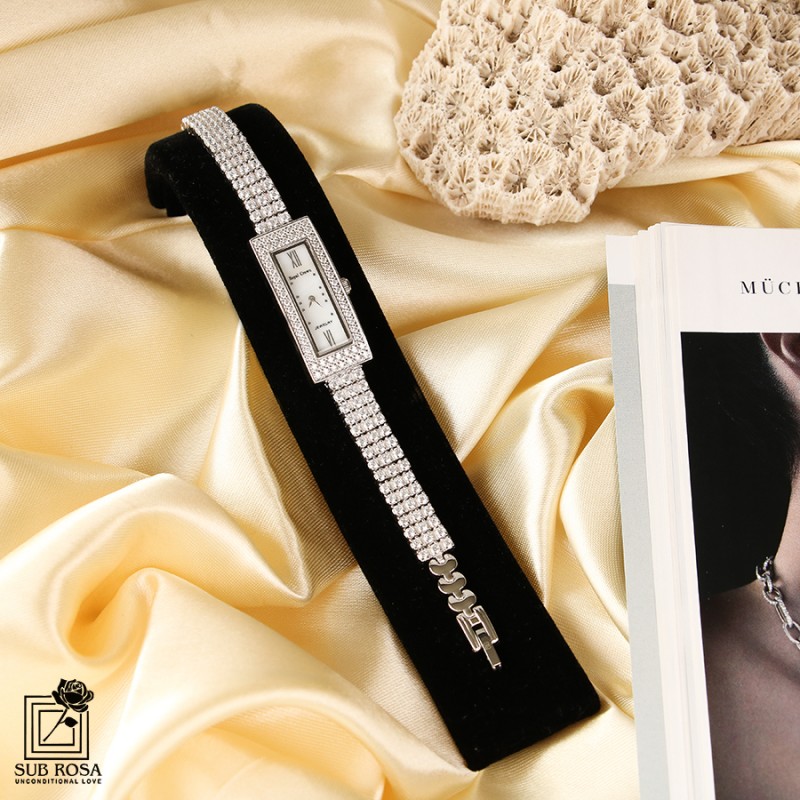 ساعت تمام نقره اورجینال مستطیل نگین دار 13012