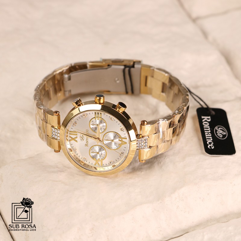 ساعت مچی زنانه رومنس نگین دار طلایی 12997