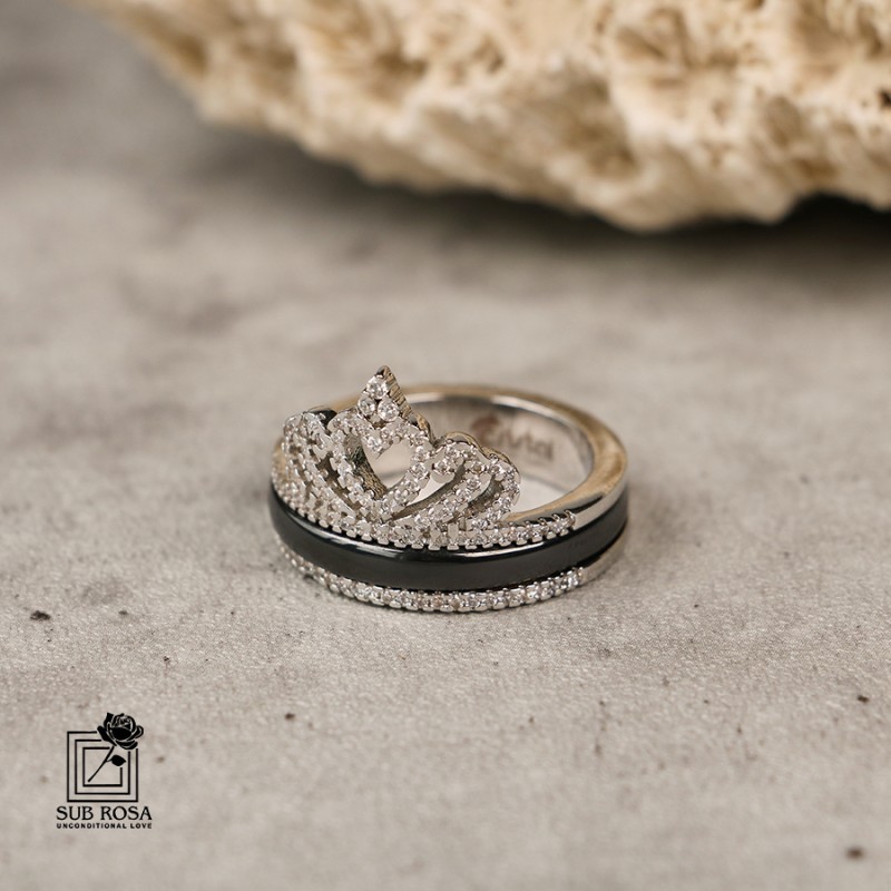 انگشتر تنگستن مدل تاج - مشکی-نقره ای سایز 10 -13125