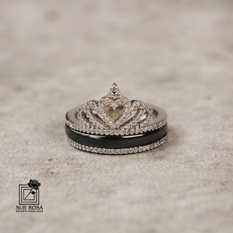 انگشتر تنگستن مدل تاج - مشکی-نقره ای سایز 7-13122