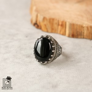 انگشتر نقره 925 مردانه نگین بیضی مشکی FREE SIZE-14381