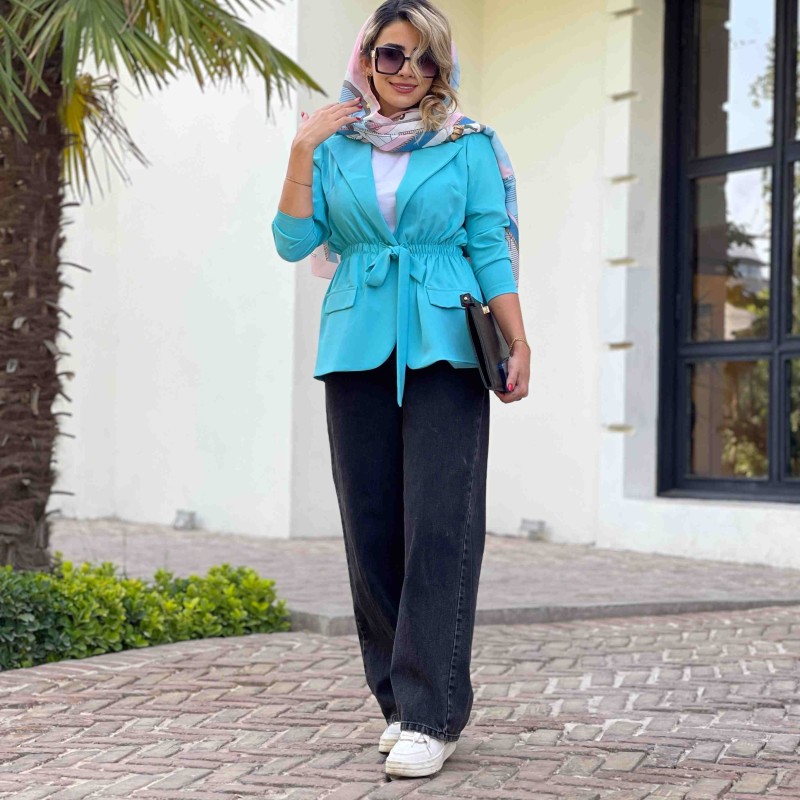 مانتو آبی اسمانی جلو بسته کوتاه زنانه  کد PULL