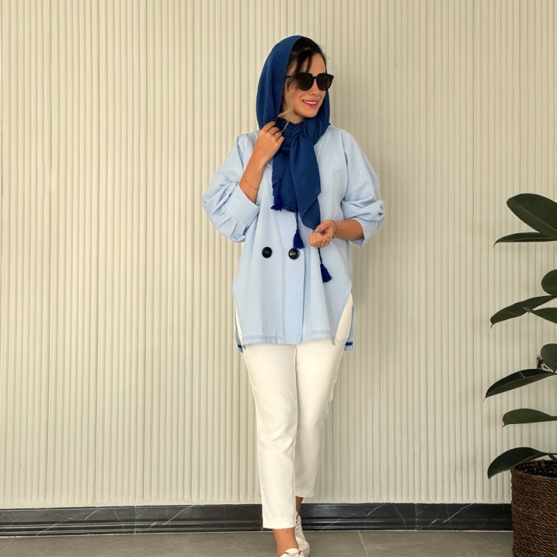 شومیز مانتویی جدید آبی آسمانی لینن کد ATA