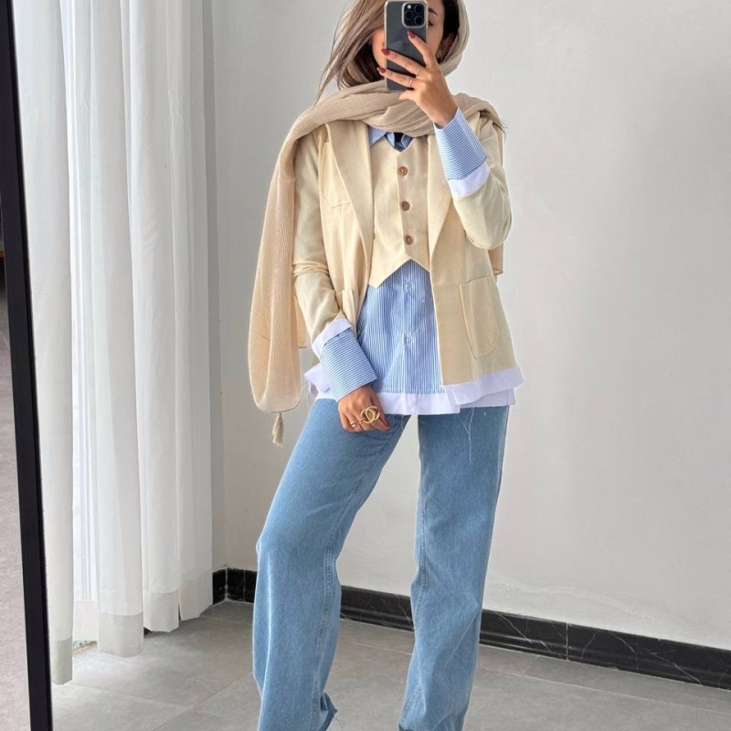 شومیز راه‌راه سفید آبی کد ELVIN