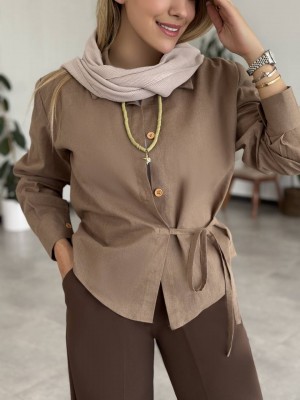 شومیز نسکافه‌ای بغل گره‌ای دگمه چوبی